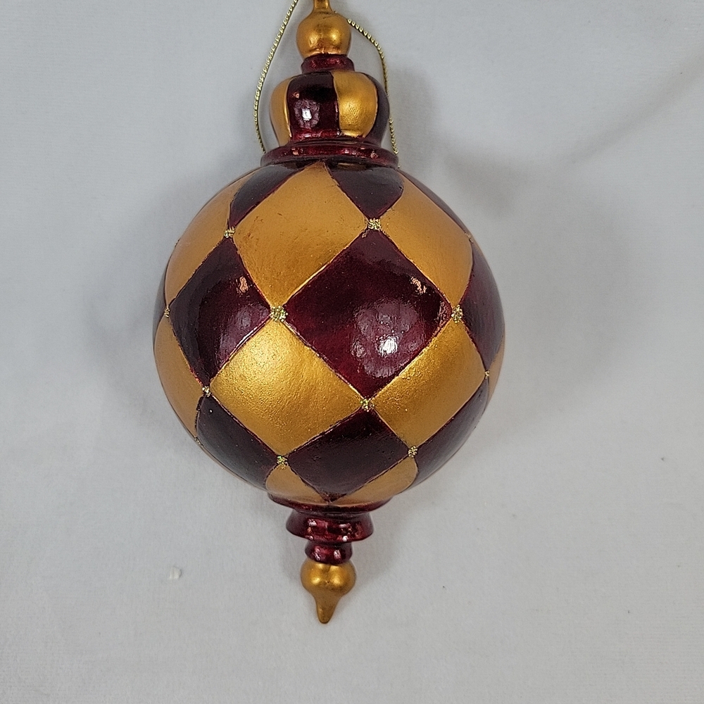 Gold & Burgundy Handpainted, Lightweight Hollow Wooden Ornament.